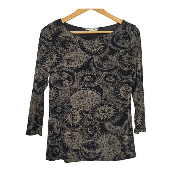 Vintage Astrology Sun And Moon Black and Tan Patterned Top - Picture 1 of 6